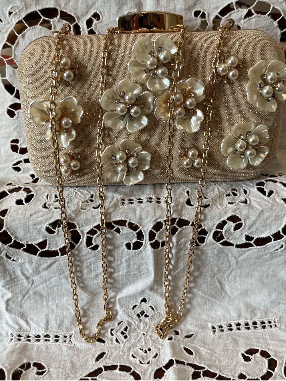 Pearl Floral Embellished Evening Clutch - Champagne - Picture 6 of 6